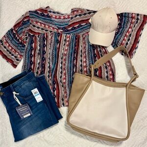 Striped Multicolor Top with Beige Tote PLUS new shorts/capris and cap BUNDLE!